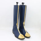 Navy-blue tall boots with gold trim along sides, rubber soles, black heel; side view.