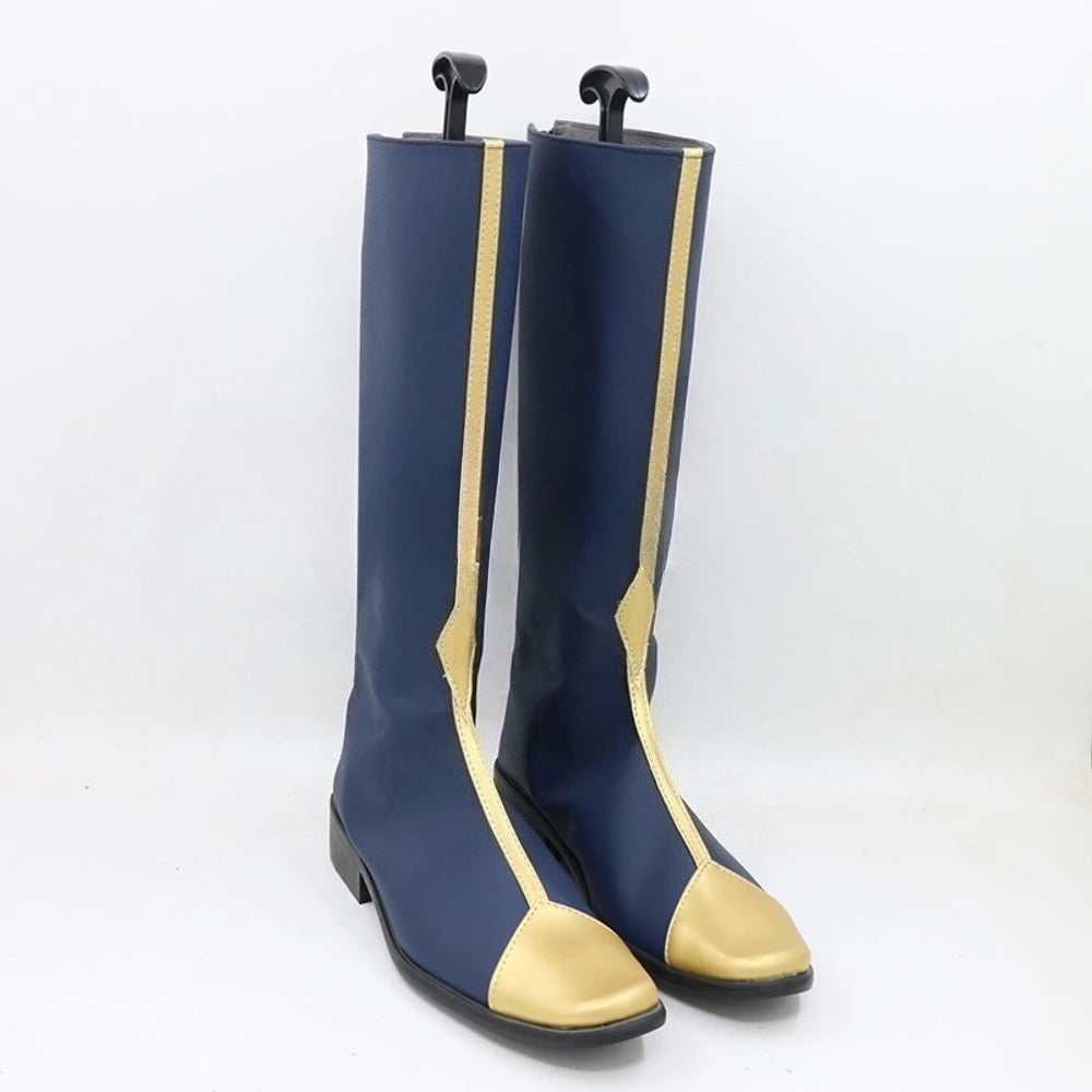 Navy-blue tall boots with gold trim along sides, rubber soles, black heel; side view.