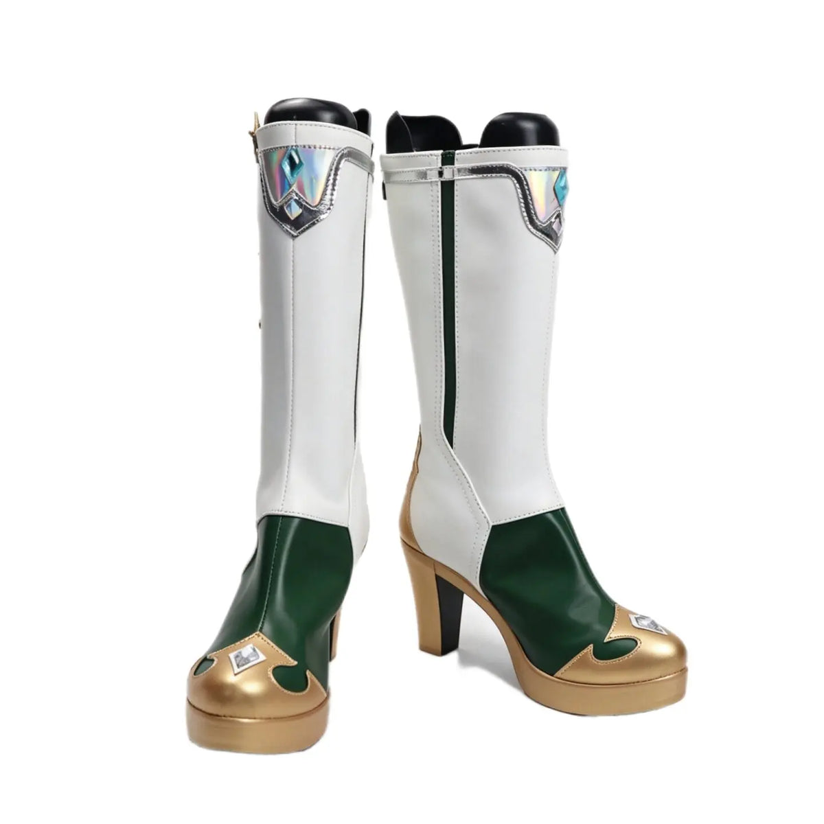 Cosplay high-heel boots, white tall boots with green inserts and gold toe accents, block heel