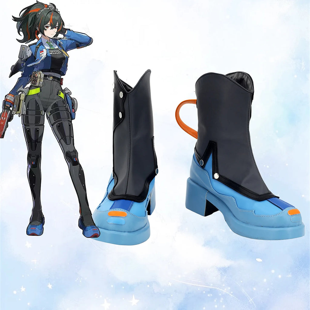 Black and light-blue cosplay boots with chunky heel, orange strap detail and metal snaps