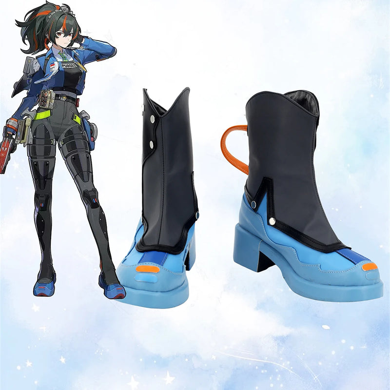 Black and light-blue cosplay boots with chunky heel, orange strap detail and metal snaps