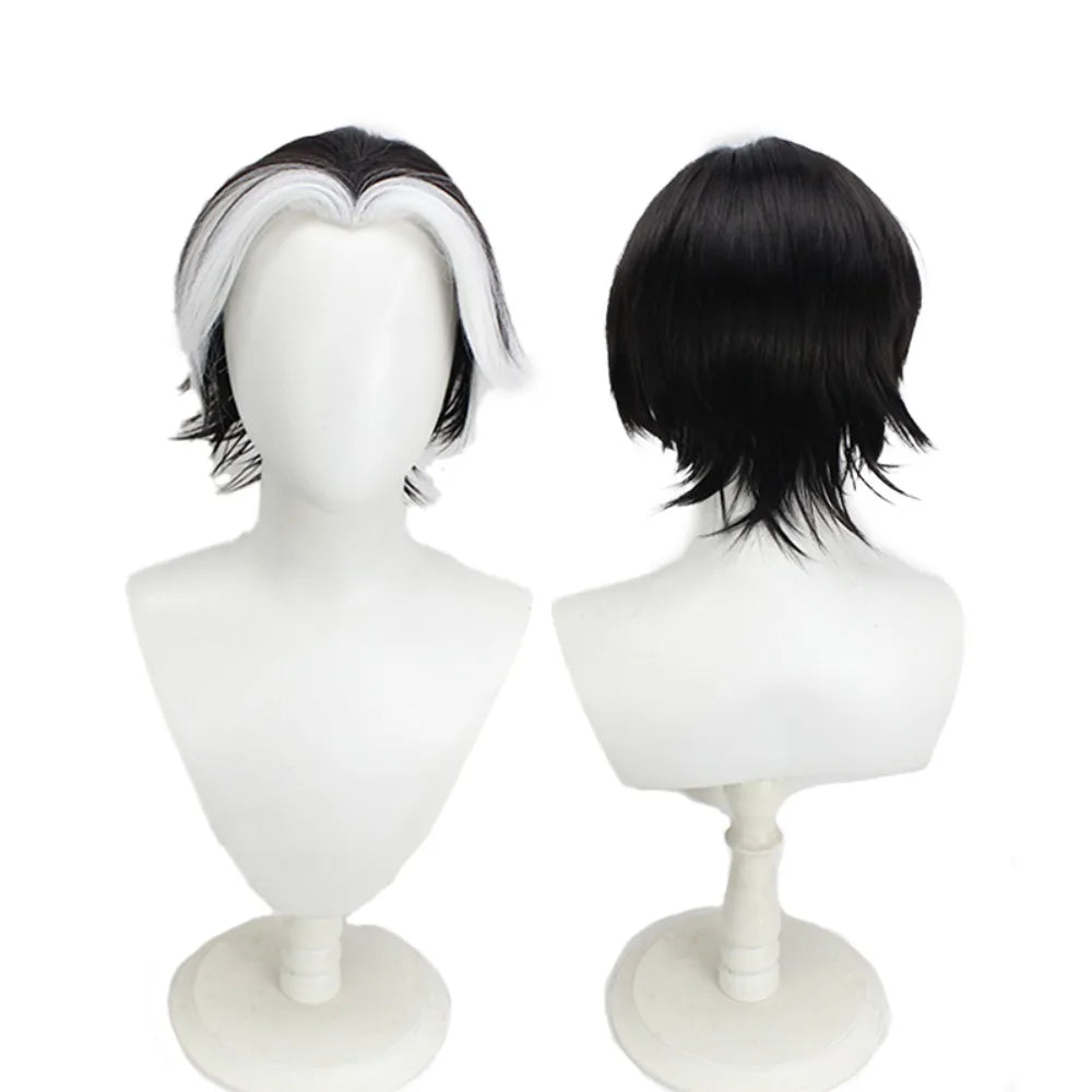 Perruque cosplay Husk de Hazbin Hotel, cheveux noirs et blancs à pointes relevées 