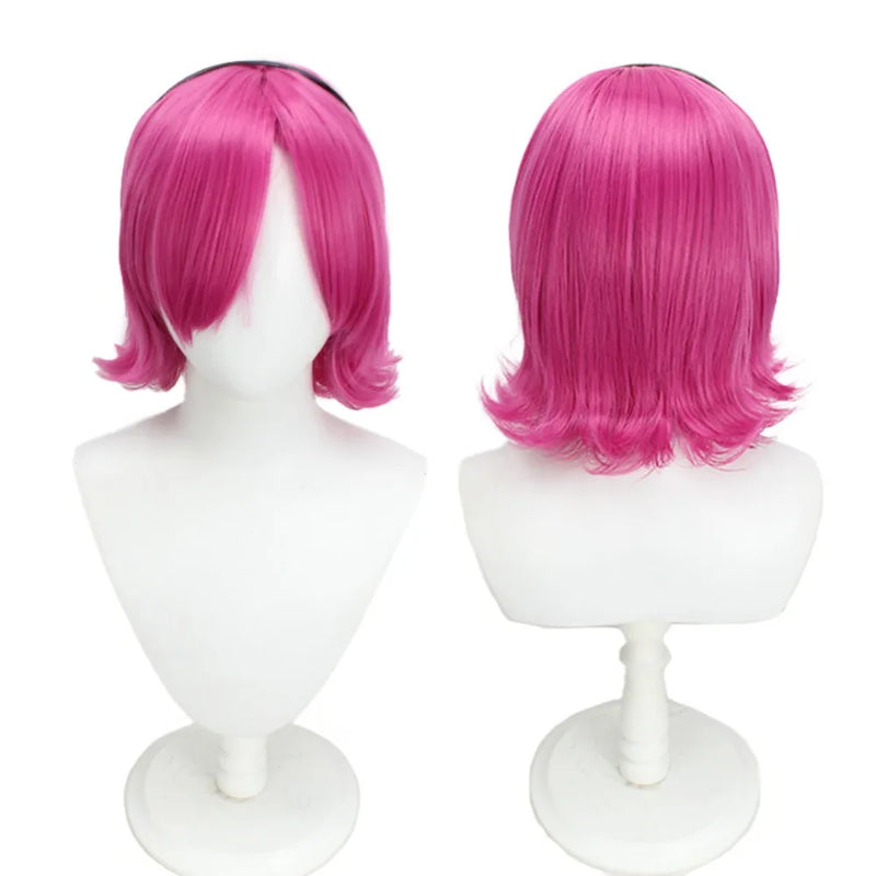 Rose-pink straight cosplay wig, bob with full bangs; front and back views