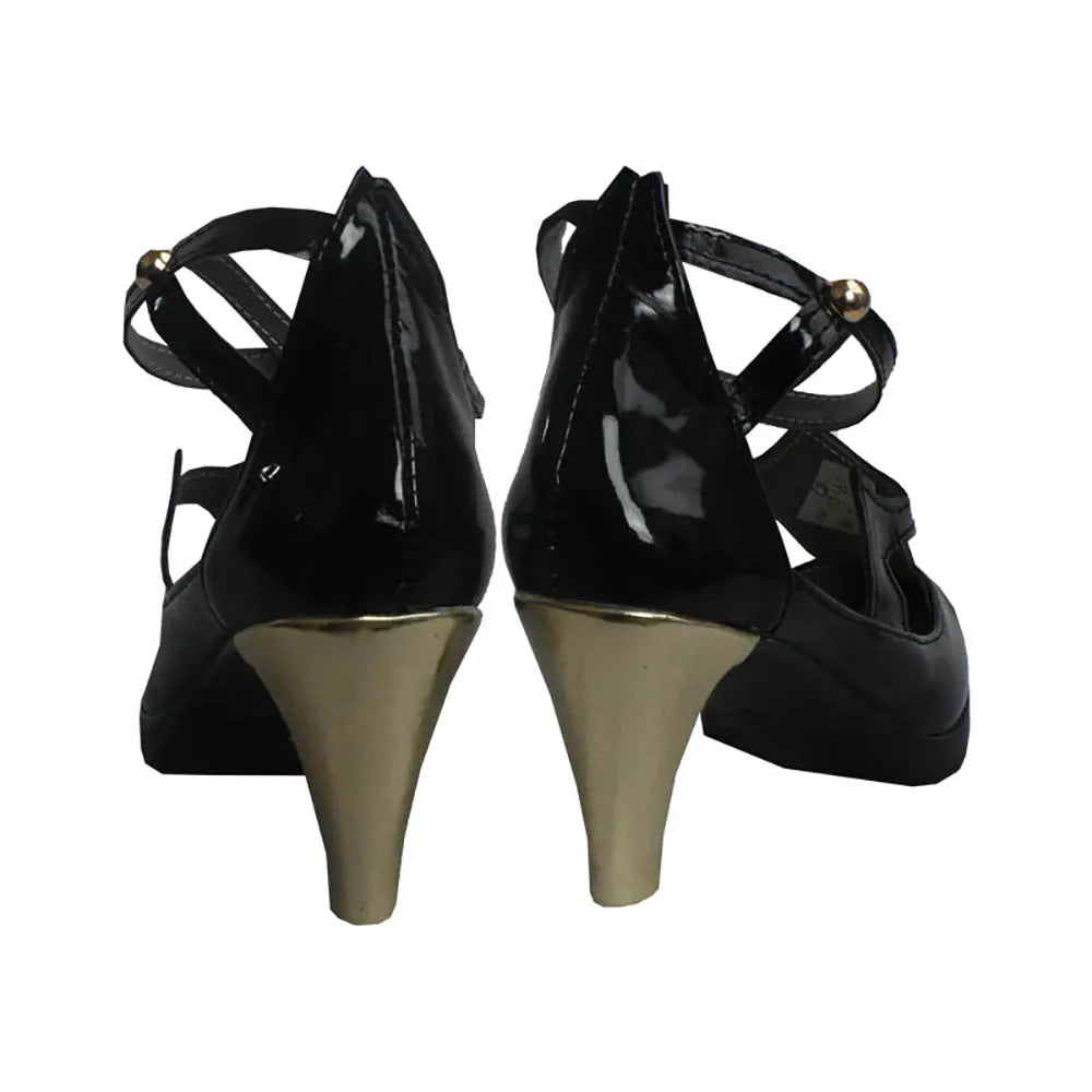 Black patent high-heel cosplay shoes, back view with crisscross straps, gold hardware