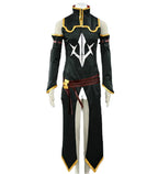 Black cosplay costume with gold-trim collar, white emblem chest, red belt, long split pants