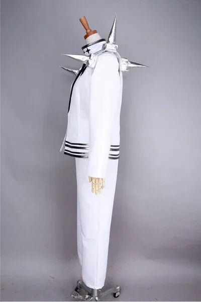White cosplay outfit with silver spiked back collar, black striped waist bands, long sleeves