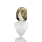 Blonde synthetic cosplay wig with shoulder-length bob, soft layers, and side-swept fringe