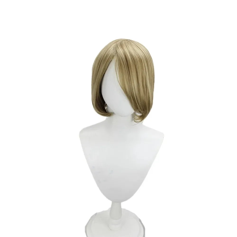 Blonde synthetic cosplay wig with shoulder-length bob, soft layers, and side-swept fringe