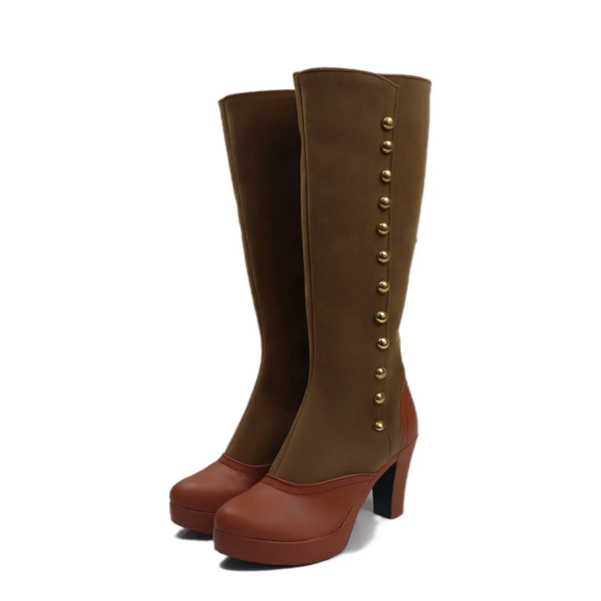 Brown knee-high cosplay boots with gold-button side trim and mid heel