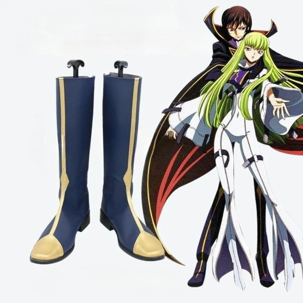 Navy-blue cosplay boots with gold side panels and trim, black heels; pair shown front.
