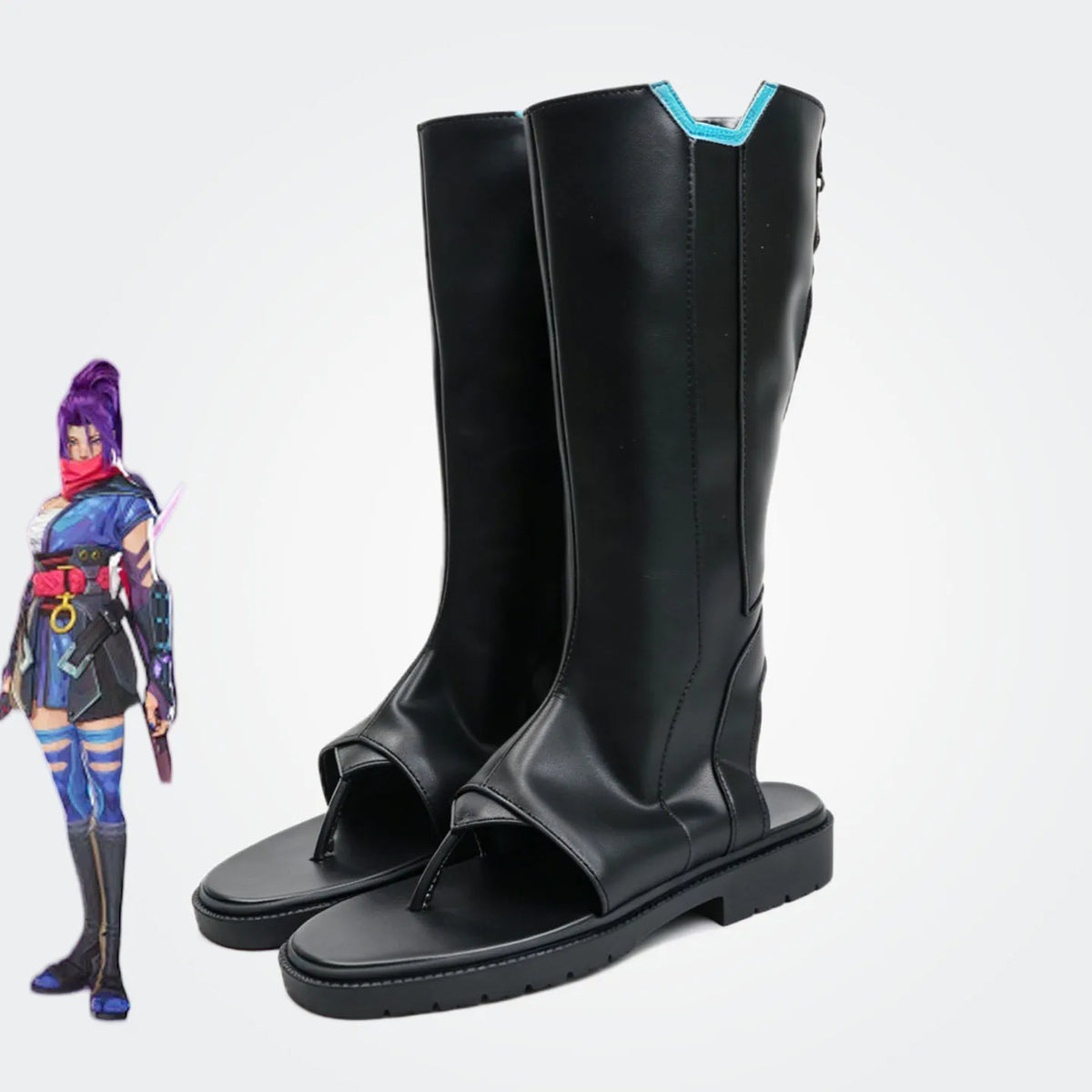 Black tall cosplay boots with open toe straps and blue-trimmed tops