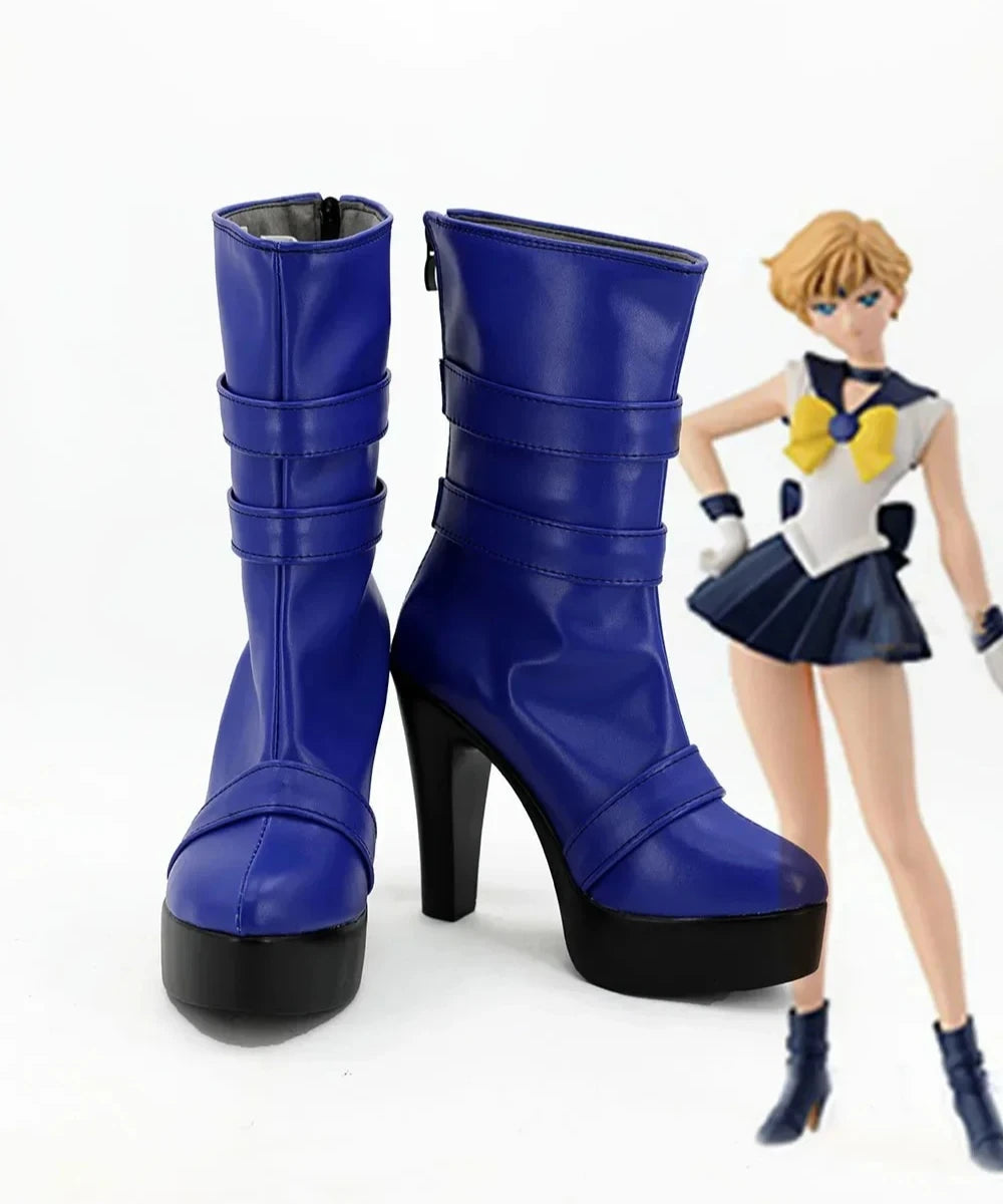 Sailor Moon Uranus Cosplay Boots Blue High Heel Shoes