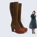 Brown knee-high cosplay boots with gold-button trim and chunky heel