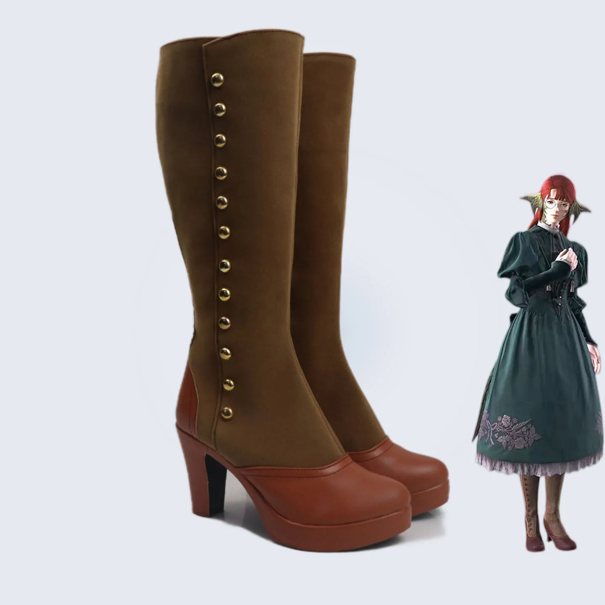 Brown knee-high cosplay boots with gold-button trim and chunky heel