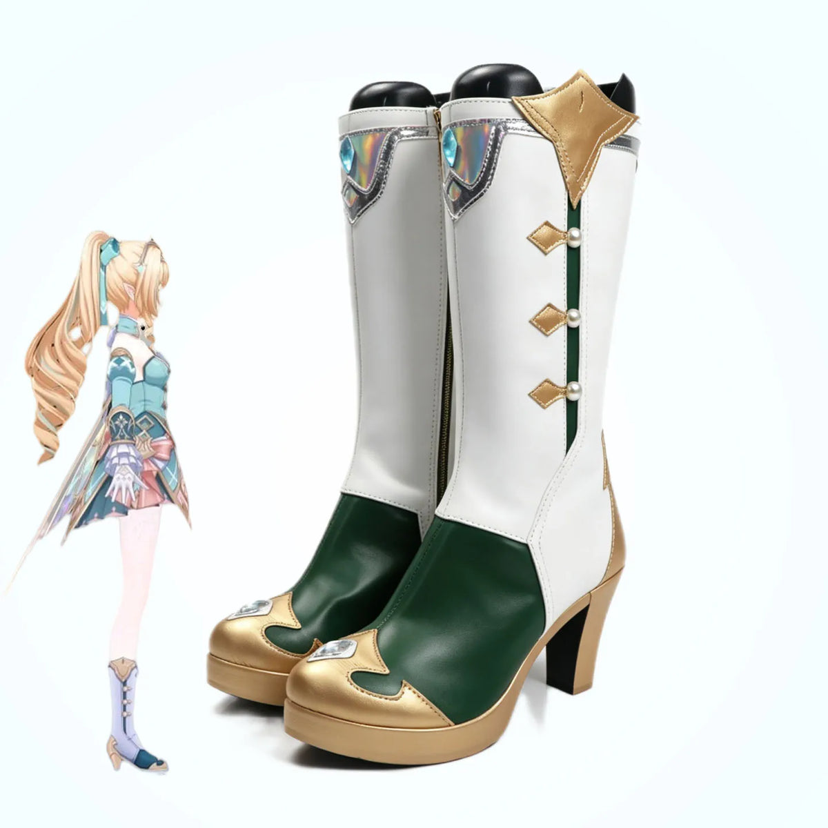 Cosplay high-heel boots, white upper with green panels, gold trim, side lace details