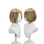 Blonde synthetic bob wig with rounded back, straight texture, and short side bangs