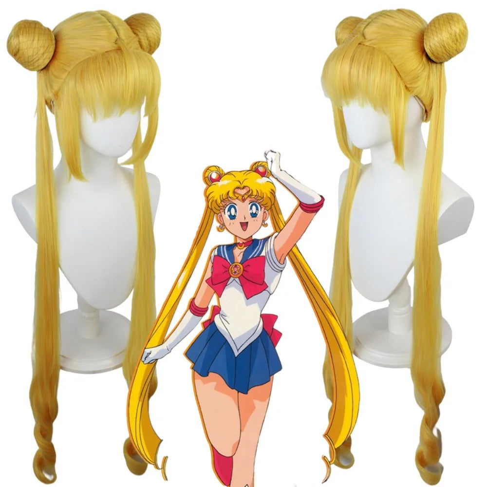 Perruque de cosplay Sailor Moon Usagi Tsukino, cheveux synthétiques blonds résistants à la chaleur 