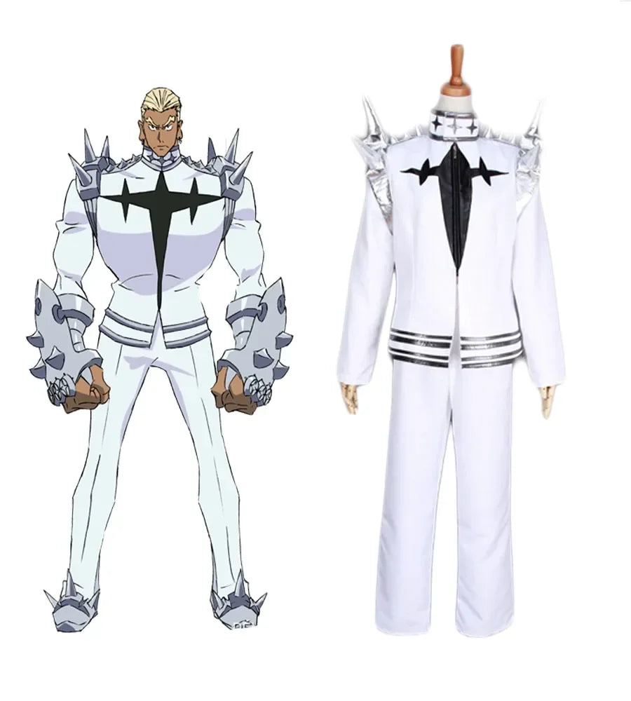 White cosplay costume with black front panel, silver spiked shoulder armor, long sleeves