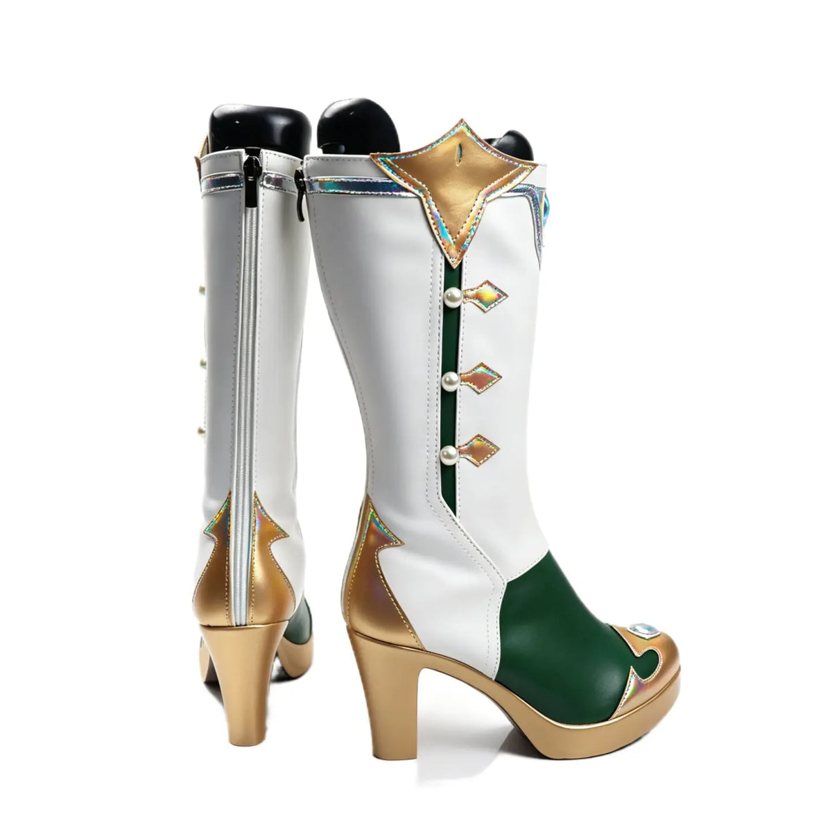 Cosplay high-heel boots, white tall shaft with green inset, gold accents and pearl buttons