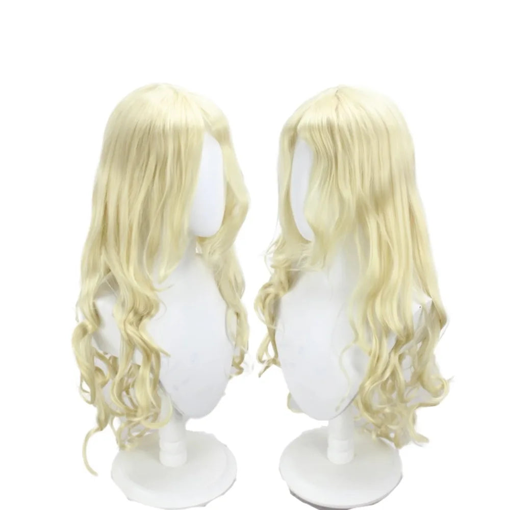 Perruque de cosplay de Mavis Vermilion de Fairy Tail, cheveux blonds longs et ondulés 