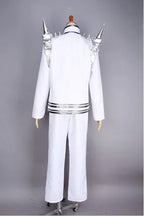 White back-view cosplay costume with silver spiked shoulders, black waist stripes, long pants