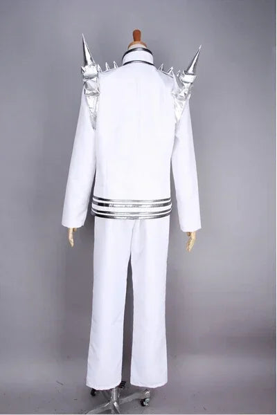 White back-view cosplay costume with silver spiked shoulders, black waist stripes, long pants