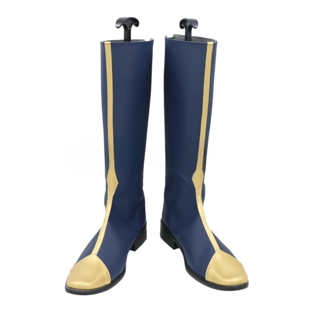Navy-blue knee-high boots with gold trim edges, black heels; pair shown front view.