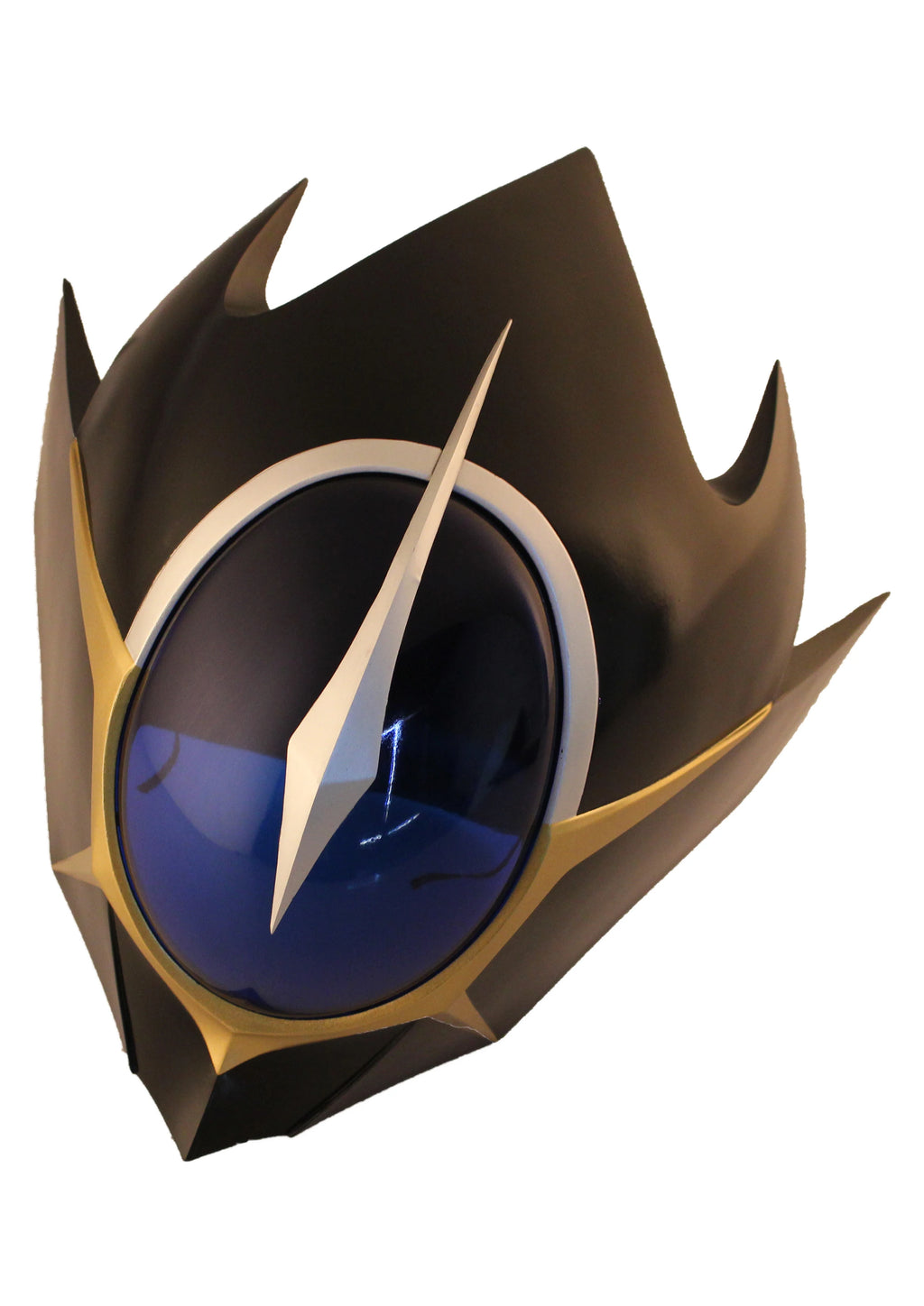 Black cosplay helmet with blue visor, gold accents, and a long silver center crest