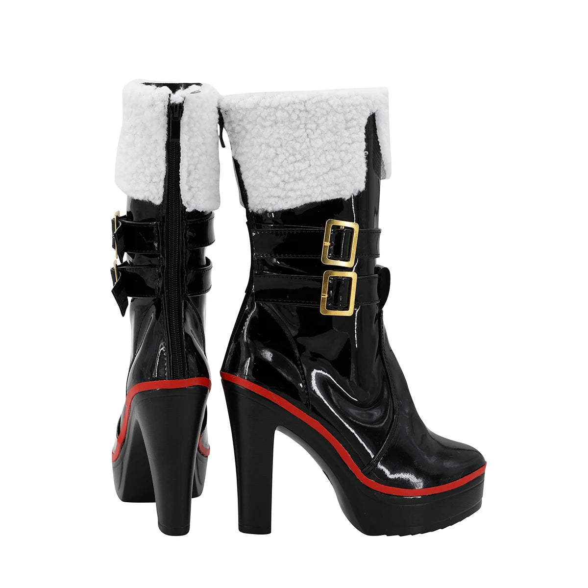 Black high-heel boots with red stripe trim, white fuzzy cuffs, and gold buckle straps
