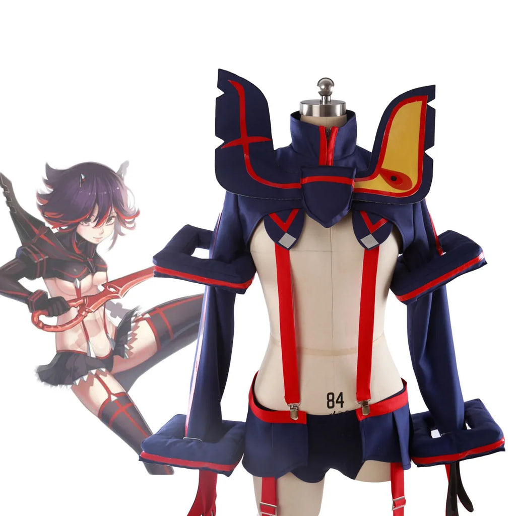 Cosplay costume with navy jacket, red trim, red harness straps, short skirt, black thigh pieces