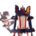 Cosplay costume with navy jacket, red trim, red harness straps, short skirt, black thigh pieces