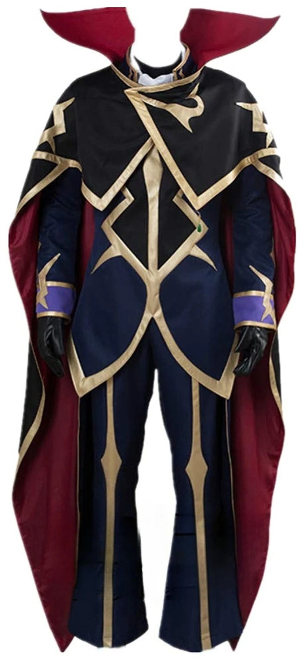Black and navy cosplay uniform with gold trim, maroon cape, and armored-style sleeves