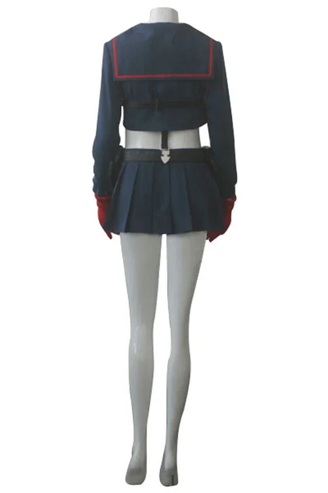 Back view cosplay jacket with red piping, pleated skirt and wide belt.