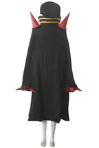Anime cosplay uniform: black long cloak with red arm accents and gold collar trim