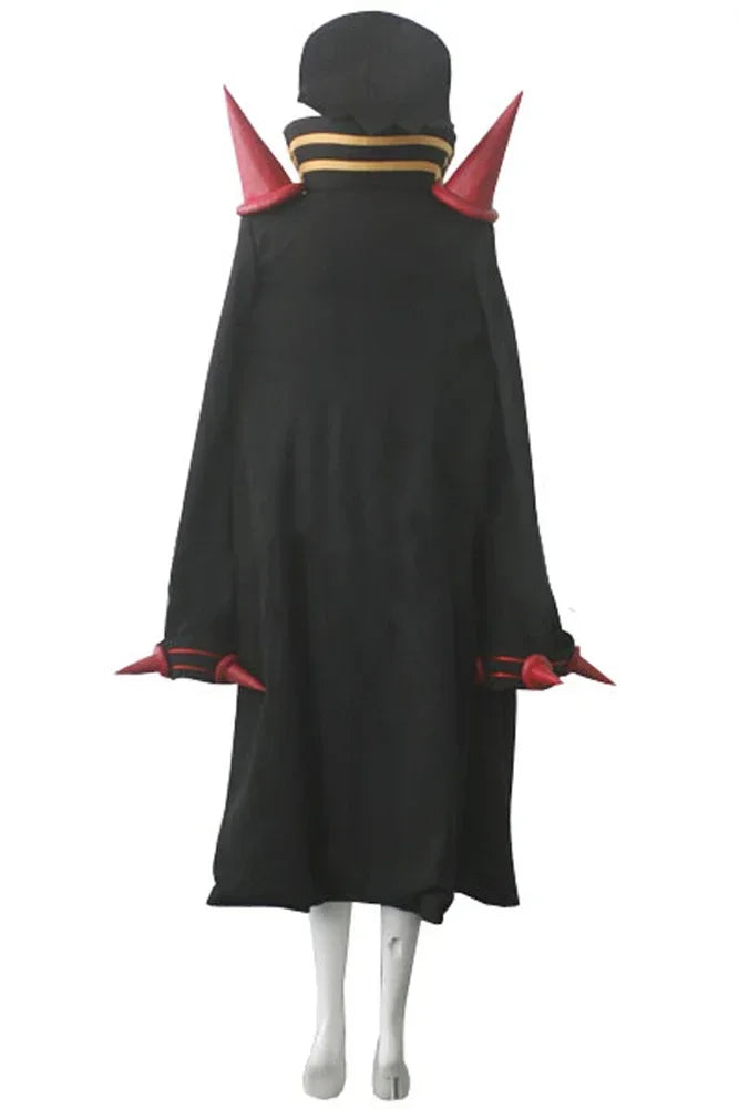Anime cosplay uniform: black long cloak with red arm accents and gold collar trim