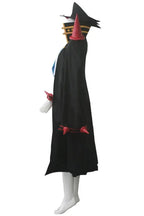 Anime cosplay uniform: black cloak with red belt, blue underskirt, pointed headpiece