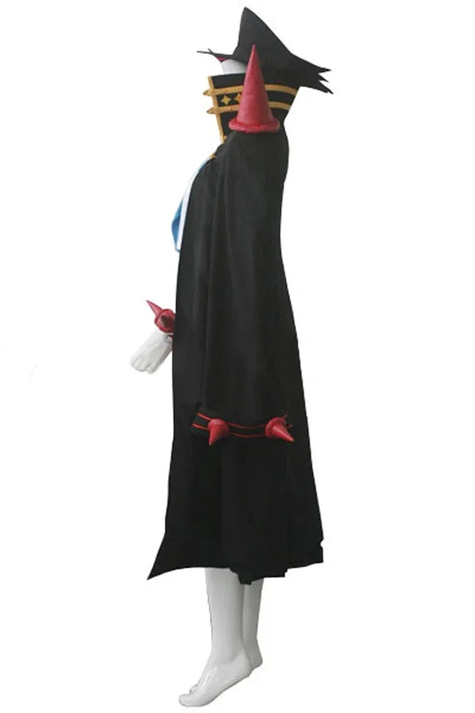 Anime cosplay uniform: black cloak with red belt, blue underskirt, pointed headpiece