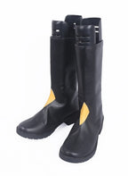 Black tall cosplay boots with yellow side patches and chunky outsole