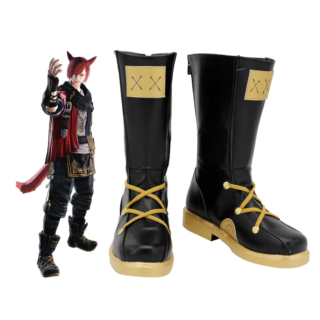 Final Fantasy XIV G'raha Tia Cosplay Boots Black Shoes