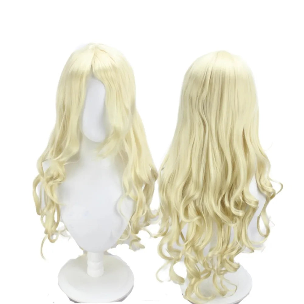 Perruque de cosplay de Mavis Vermilion de Fairy Tail, cheveux blonds longs et ondulés 