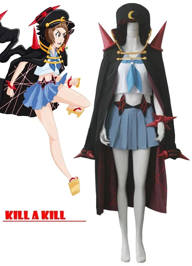 Anime cosplay uniform: black coat with red trim, blue pleated skirt, chest harness