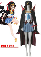 Anime cosplay uniform: black coat with red trim, blue pleated skirt, chest harness