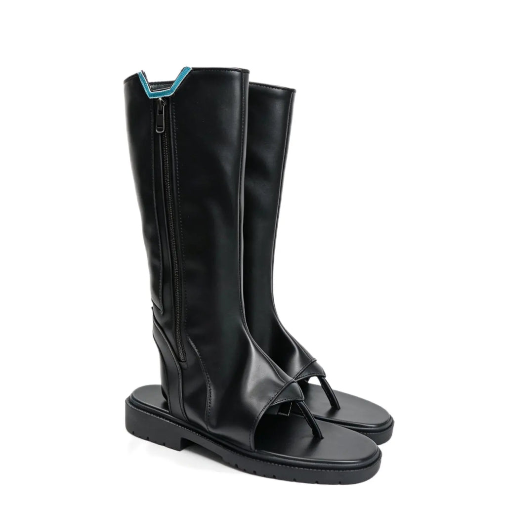 Black tall boots, side view, with zip, open-toe straps and blue-trim collar