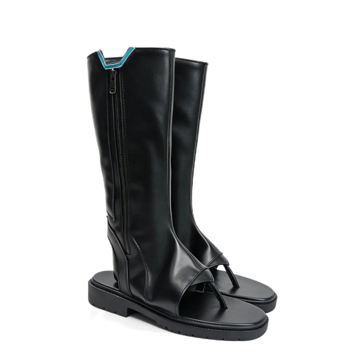Black tall boots, side view, with zip, open-toe straps and blue-trim collar