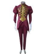 Cosplay uniform with burgundy tunic and gold trim, white gloves, and matching pants