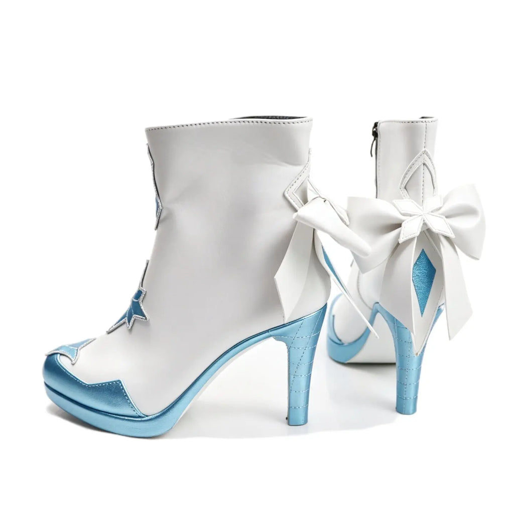 White ankle boots with blue star trim, light blue heels, large bow at top