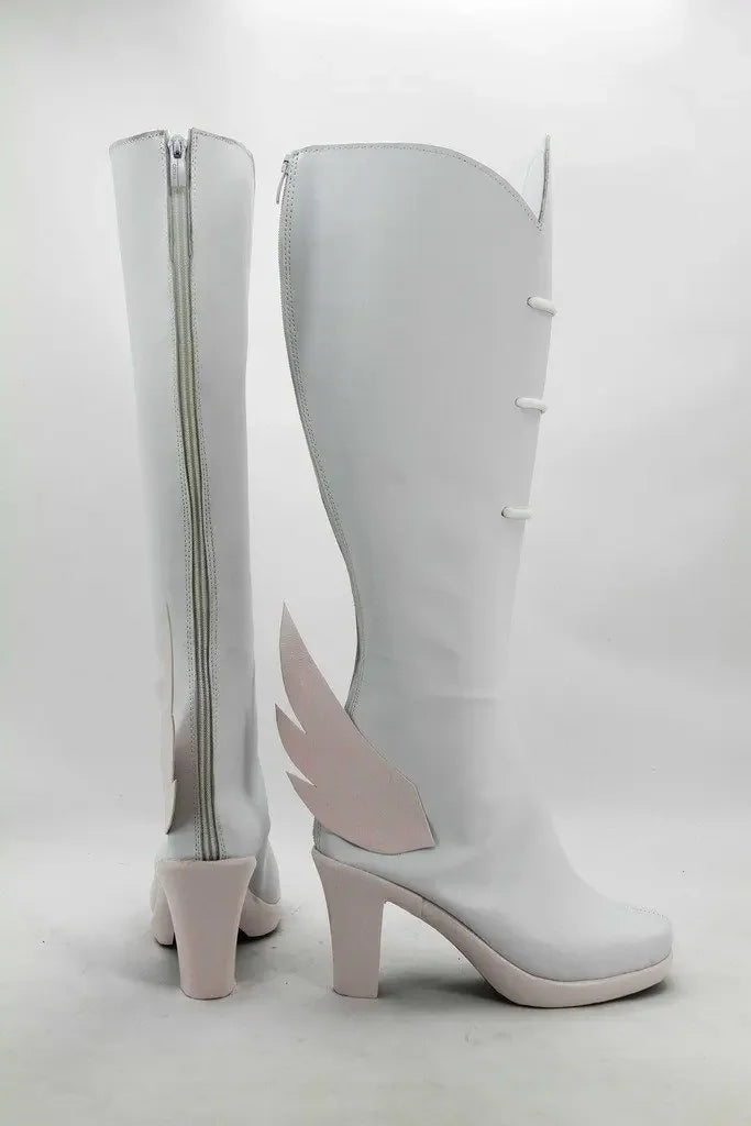 White cosplay knee-high boots with pink side trim, side zipper, chunky heel