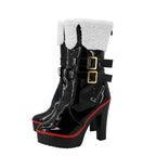 Glossy black platform high-heel boots with red edge trim, white sherpa cuffs, buckle