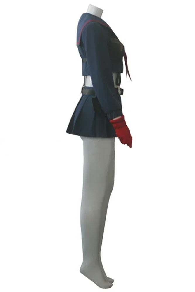 Side view navy tunic and pleated skirt with red armband gloves.