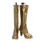 Princess of Power She-Ra Cosplay Boots Golden High Heel Shoes featuring shiny gold finish, knee-high length, elegant swirl detailing, and sturdy block heels for cosplay costume use.
